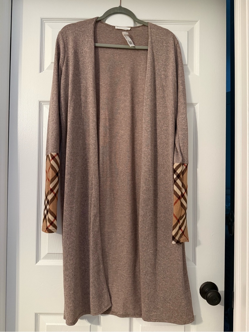 Reborn J mauve-taupe open-front cardigan with plaid cuff detail